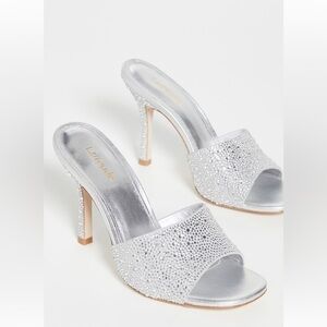 Larroude Colette Crystal & Suede Mule Heels w. Rhinestones in Silver Gray 9